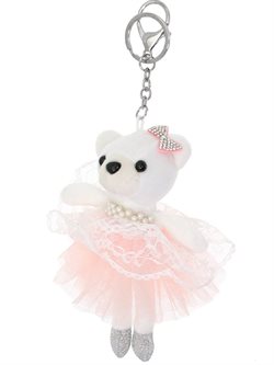 Nøglering med hvid ballet bamse med tutu skørt og perler