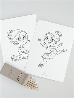 SERÉ 9 stk ballet tegninger inkl. 6 farveblyanter