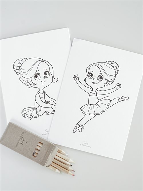 SERÉ 9 stk ballet tegninger inkl. 6 farveblyanter
